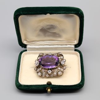 Antik Diamantbrosch i Guld och Silver med Ametist och Gammalslipade Diamanter 14K 14.15g 32mm