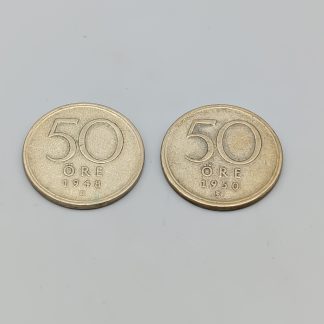 2 st 50 öre Sverige 1943 - 1950 S400 9.6g 22mm