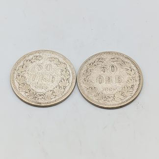 2 st 50 öre Sverige 1875-1899 S600 10g 22mm