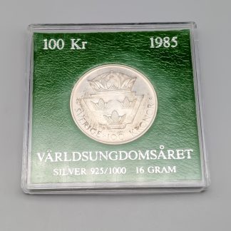 1 st Investeringsmynt i Silver, Sverige, 100 kronor, Världsungdomsåret, 1985 S925 16g 32mm