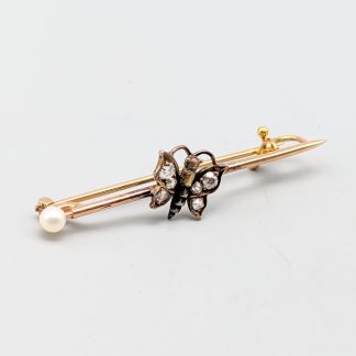 Diamantbrosch i Guld och Silver Fjäril med Gammalslipade Diamanter och Odlad Pärla 14K 2.78g 45mm