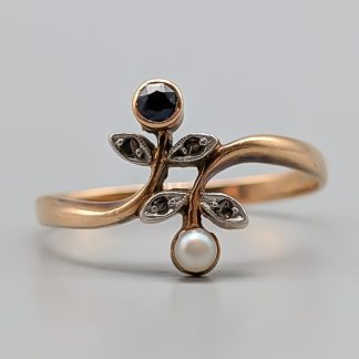 Diamantring i Guld Safir och Pärla 14K 1.82g 17.25mm