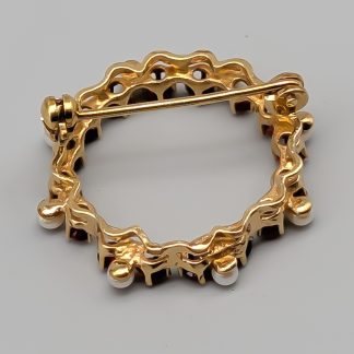 Brosch i Guld med Granater och Odlade pärlor 18K 4.26g 25mm