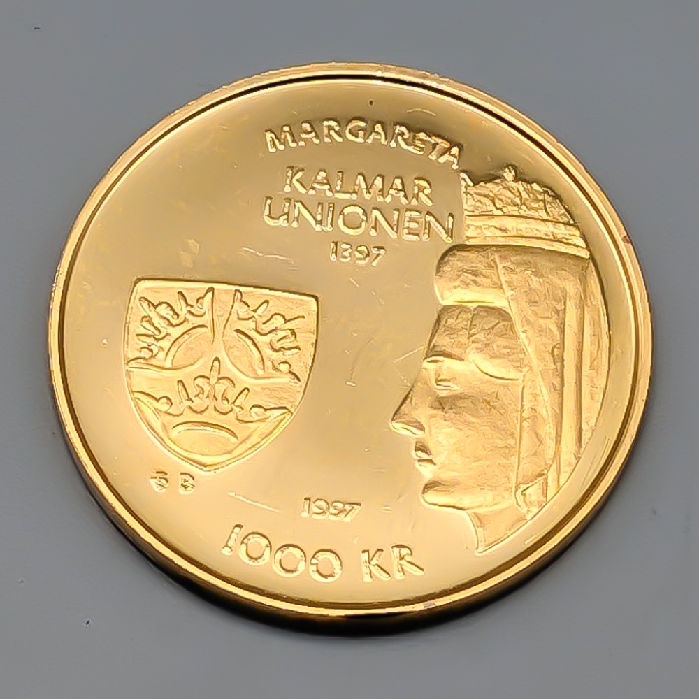 1 st Investeringmynt i Guld, Sverige 1000 kronor, 1997 600-årsminnet av Kalmarunionen 21K 5.8g 21mm