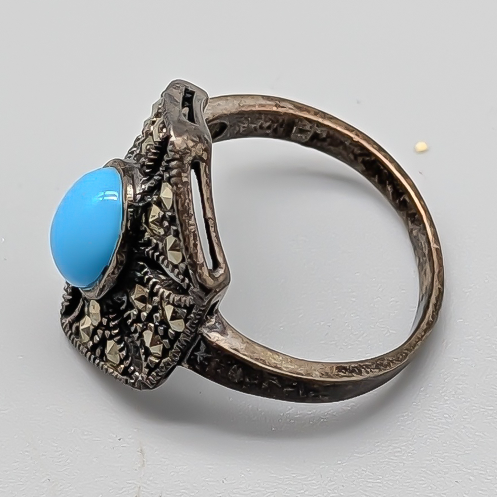 Ring i Silver med Turkos Sten och Markasiter S830 3.68g 16mm - Bild 3