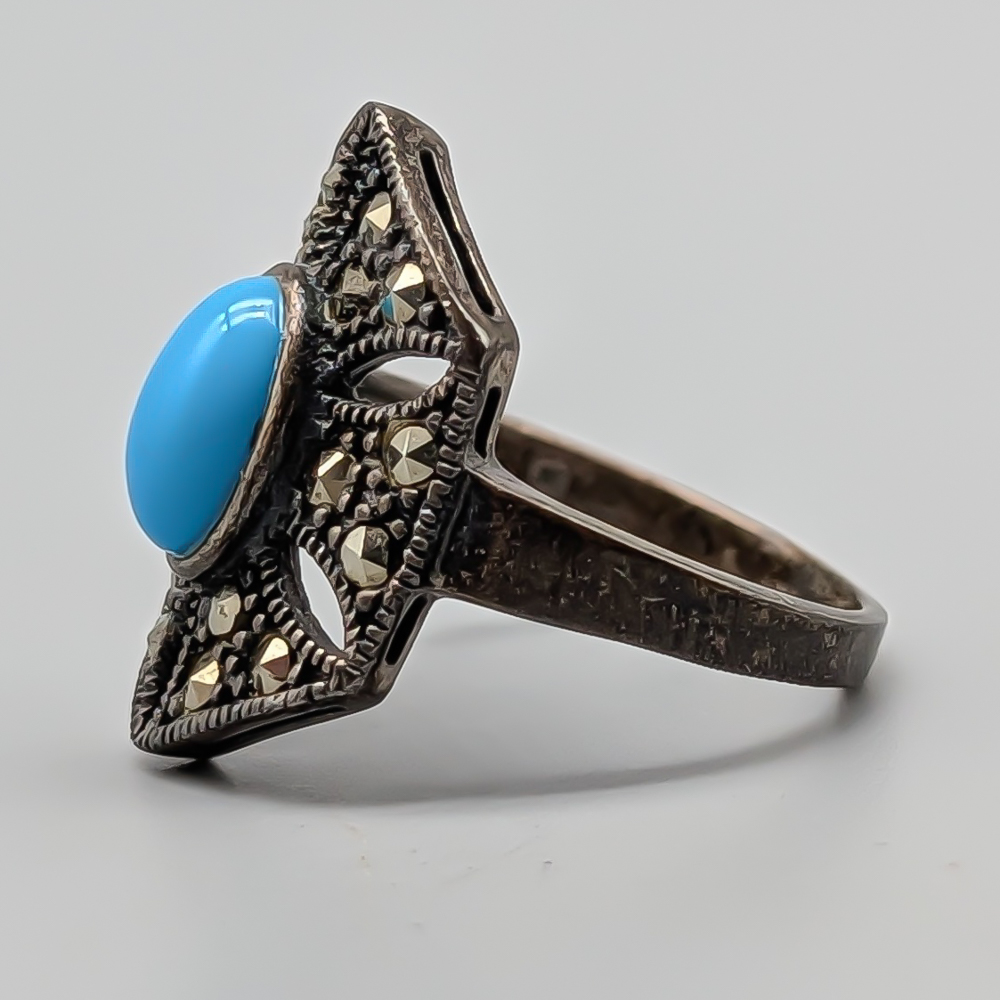 Ring i Silver med Turkos Sten och Markasiter S830 3.68g 16mm - Bild 2