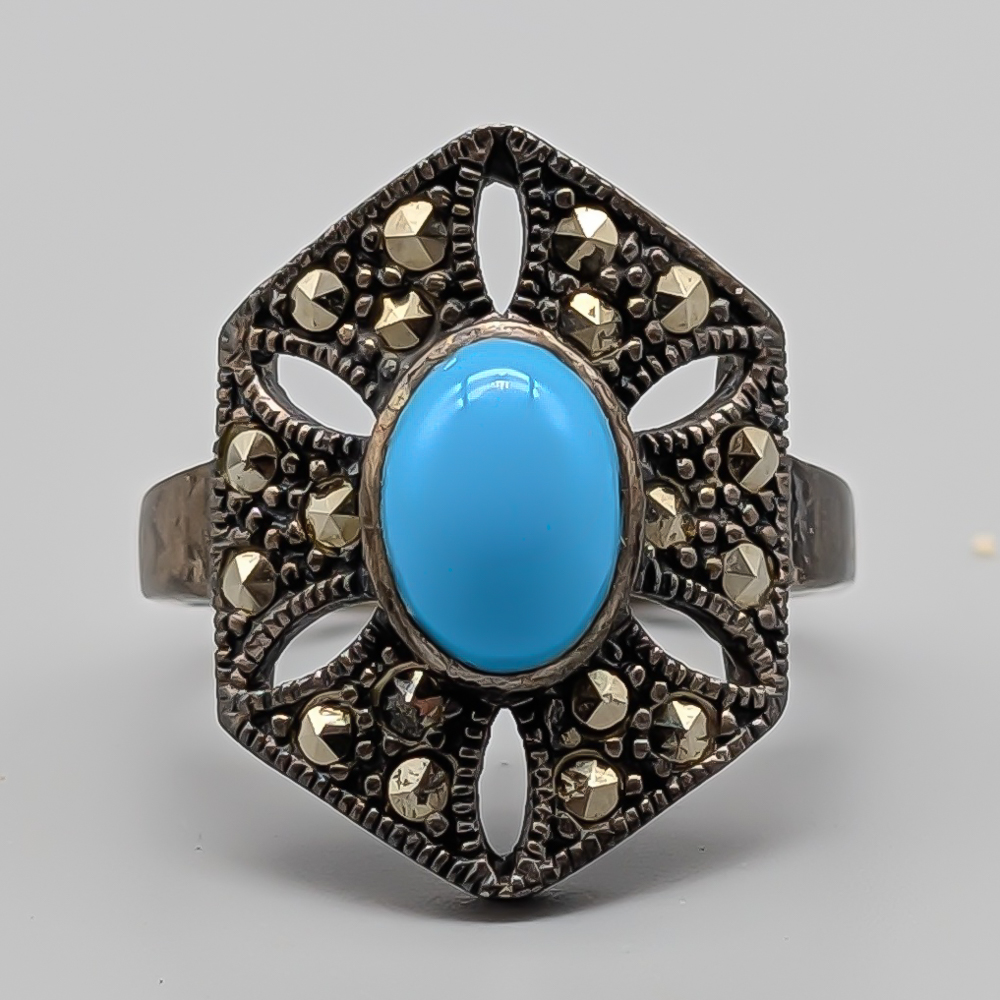 Ring i Silver med Turkos Sten och Markasiter S830 3.68g 16mm