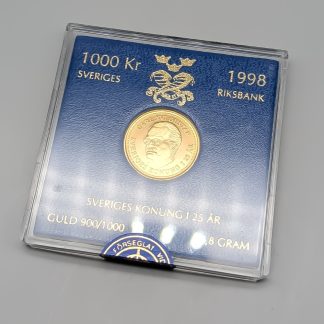 1 st Investeringsmynt i Guld, 1000 kr, 1998, Sveriges Konung i 25 år 21K 5.8g 21mm