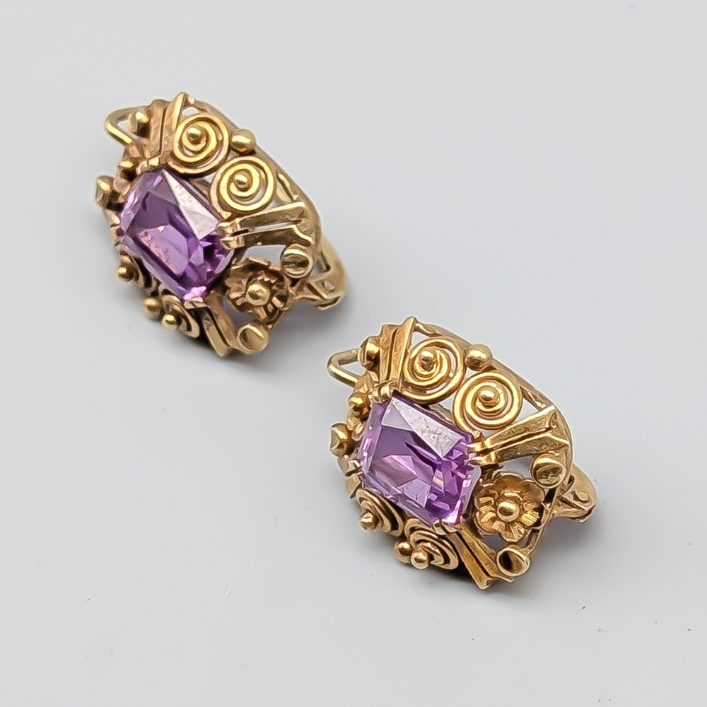Örhängen i Guld med Lila Stenar 14K 7.99g 24mm - Bild 2