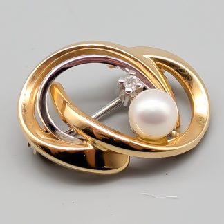 Brosch i Flerfärgat Guld med Diamant och Odlad Pärla 18K 2.55g 20mm