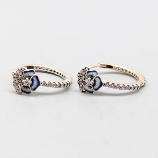 Pandora Örhängen i Silver med Vita Stenar och Blå Emalj Blommor S925 3.75g 19mm