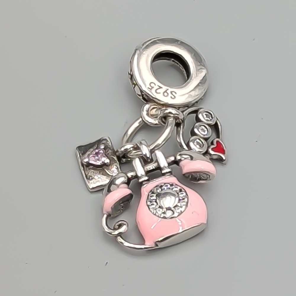 Berlock i Silver med Rosa och Vita Stenar och Rosa Emalj Telefon S925 2.62g 23mm